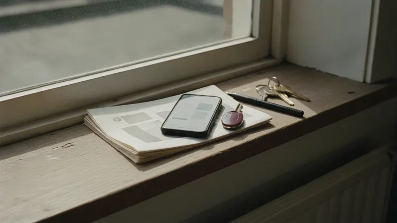 A phone resting on a stack of parish newsletters by a window