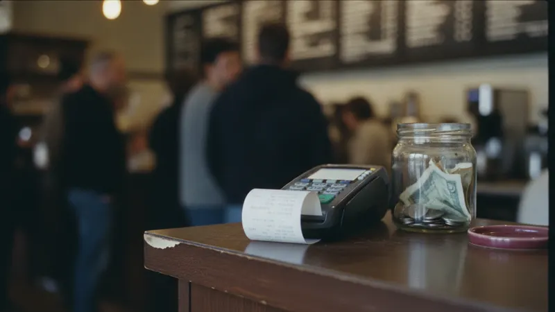 A card payment terminal on a café counter, receipt curling beside it