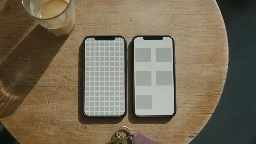 Two phones flat on a café table seen from above: one screen densely filled with small grey placeholder cards, the other showing a handful of larger cards with wide space between them.