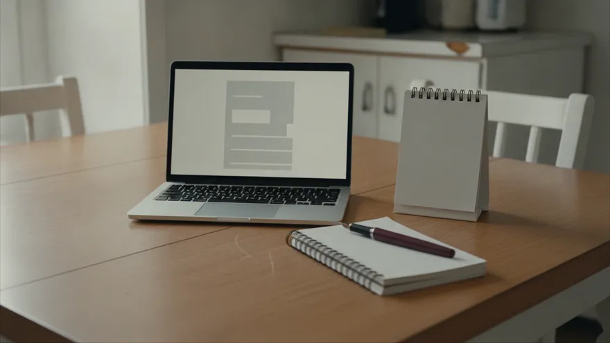 A laptop on a kitchen table showing a pale grey placeholder panel, with a blank desk calendar standing on its spine and a pen across a closed notebook beside it.