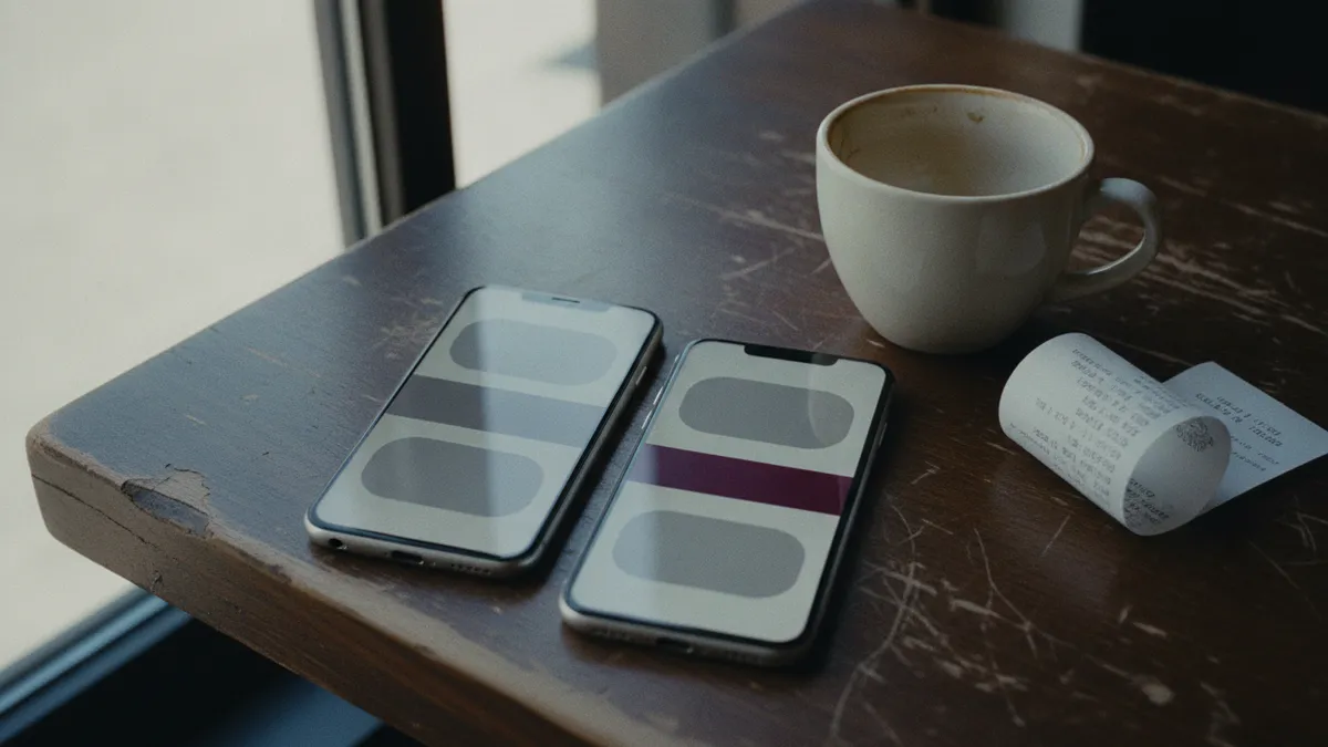 Two phones lying side by side on a worn café table, both showing pale grey placeholder interfaces, one crossed by a single plum stripe.