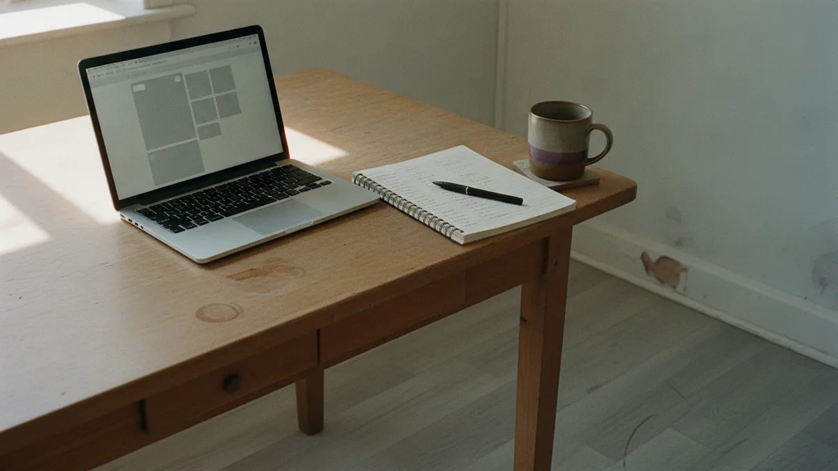 A laptop open on a kitchen table showing pale grey placeholder blocks, an open paper notebook beside it with handwritten notes and a pen laid across the page.