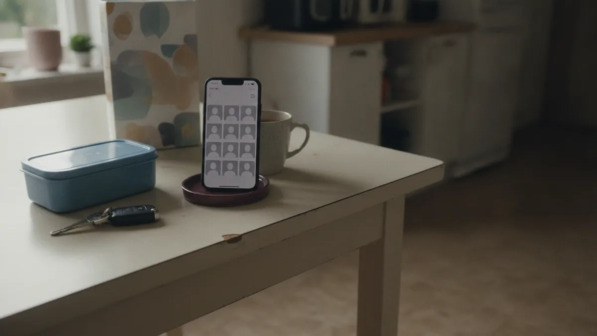 A phone propped upright against a cereal box on a breakfast table, its screen a pale grid of grey placeholder cards, a packed lunchbox closed beside it.