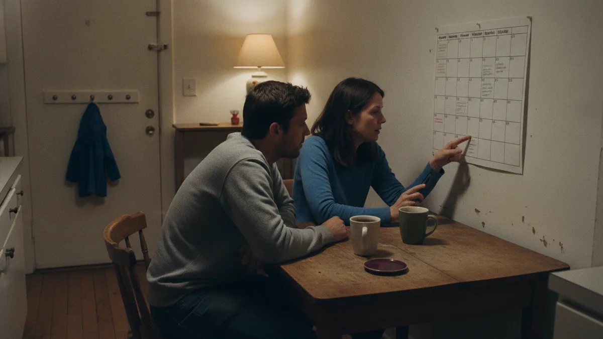 Two adults at a kitchen table in the evening, one pointing at a wall planner while the other looks at a phone, working out a date some weeks ahead.