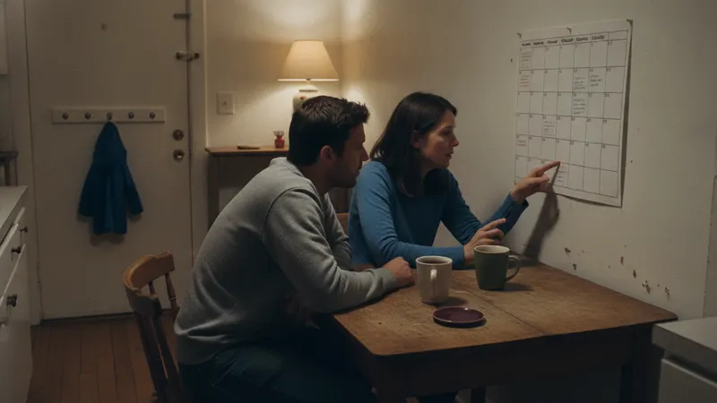 Two adults at a table working out a date against a wall planner