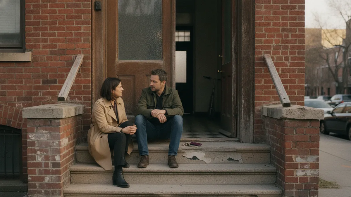 Two adults sitting on the front steps of an apartment block in the late afternoon, talking, a hallway door open behind them.