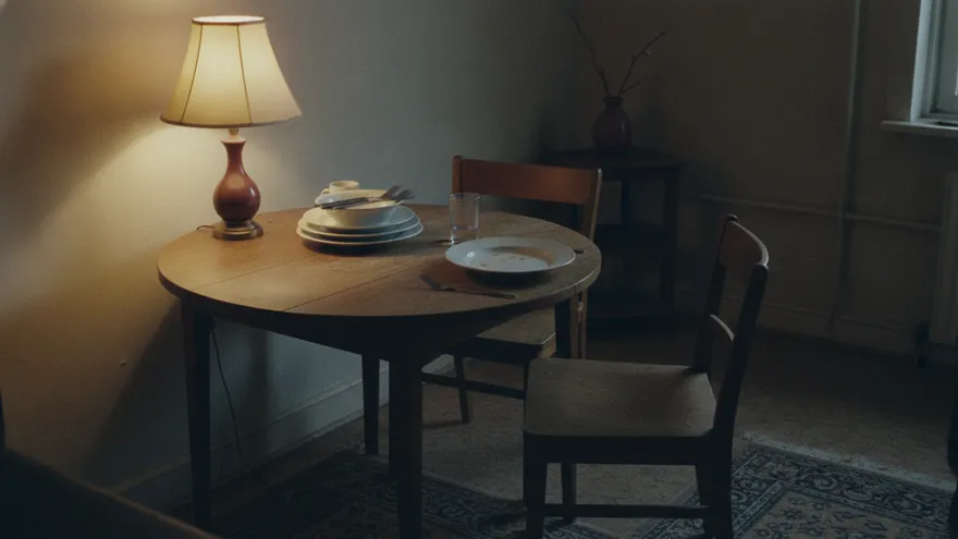 A small table laid for two where one place has been cleared and stacked and the other is still set, in a quiet flat at night.