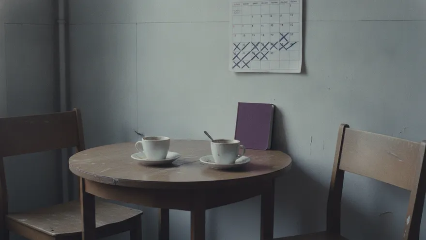 Two coffee cups on a small table, one wall calendar behind them with several evenings crossed out.