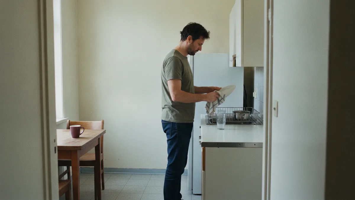 A man alone in a small, very tidy one-person kitchen, drying a single plate at the rack, the counter otherwise clear.