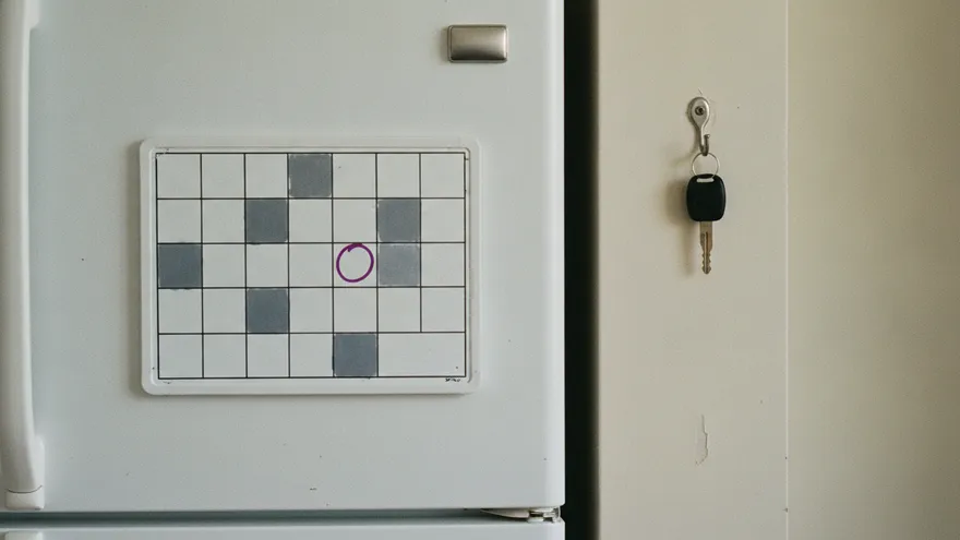 A white wipe-board on a fridge door, ruled by hand into a grid of empty squares with several filled in solid grey and one ringed in plum ink; a set of keys hangs on a hook on the wall beside it.