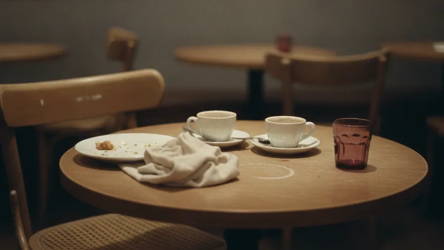 A restaurant table for two after the meal: two drained coffee cups, a folded napkin, and one chair angled back from the table.