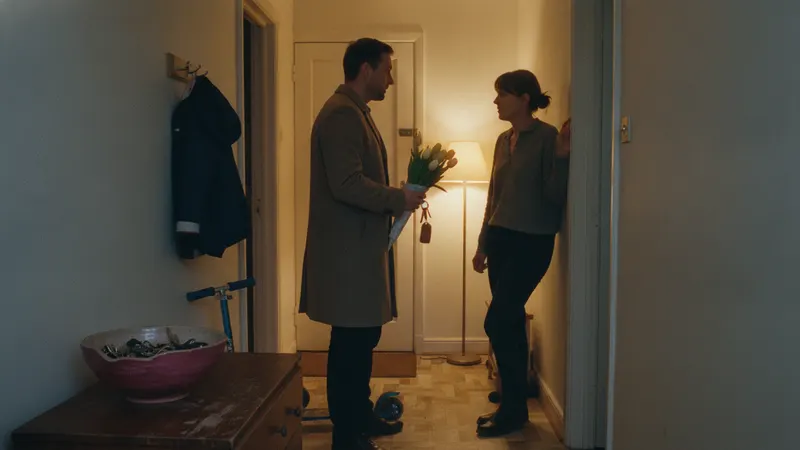 A hallway table in warm lamplight: two sets of keys in one bowl, a wrapped bunch of tulips laid beside them.