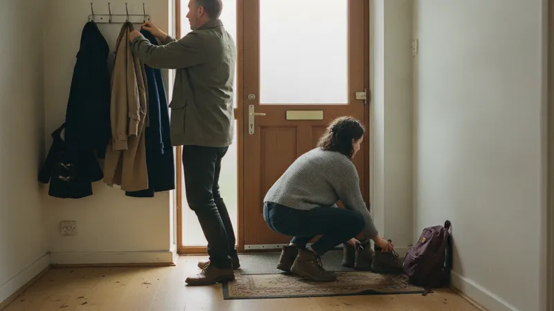 Two adults in an entrance hall, hanging a coat and moving shoes