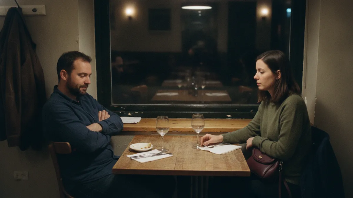 Two adults at a small restaurant table after a meal, one leaning back with arms folded while the other sits forward, the conversation clearly unresolved.