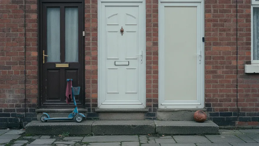 Two front doors on the same street, one with a scooter outside, one with a football, both closed.