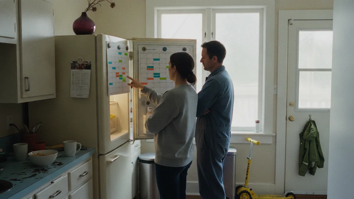 Two adults standing at a fridge door comparing two printed monthly planners held up by magnets, each blocked out in a different colour of marker.