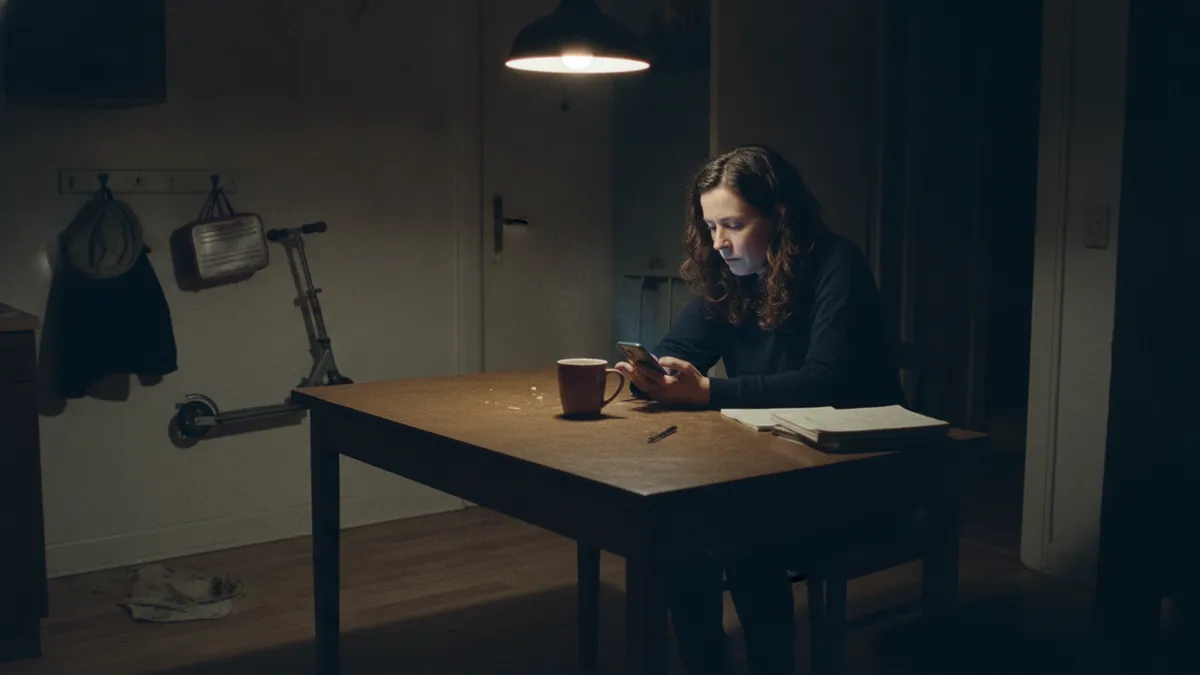 A woman at a kitchen table late in the evening, typing a short message on her phone under one lamp, the rest of the room dark.
