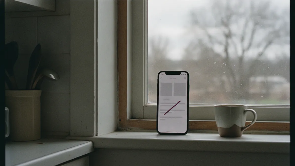 A phone standing upright on a kitchen windowsill in flat daylight, its screen showing a plain profile layout with empty grey photo slots and one plum stroke drawn through a line of text.
