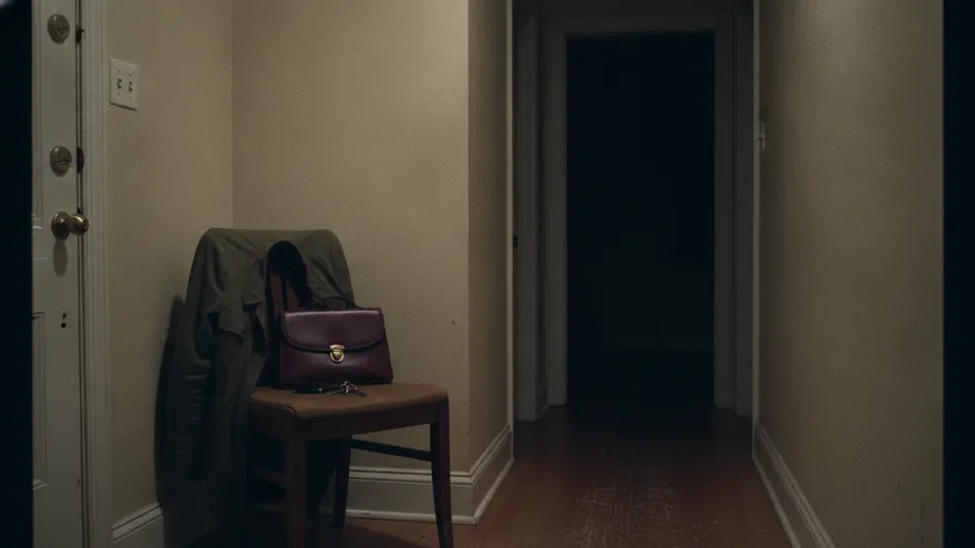 A coat over the back of a hall chair with keys and a small bag ready beside it, the hallway light on and the rooms beyond dark.