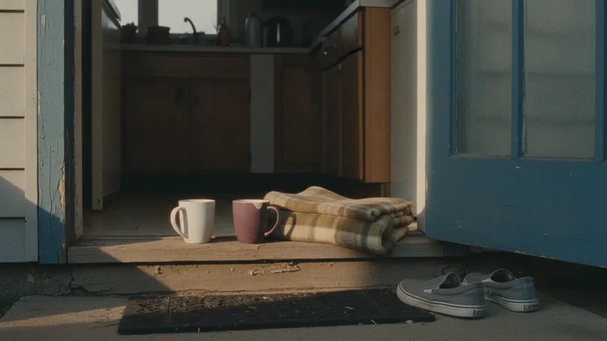 Two mugs and a folded blanket left on a back doorstep in the late afternoon, the kitchen door standing open behind them.