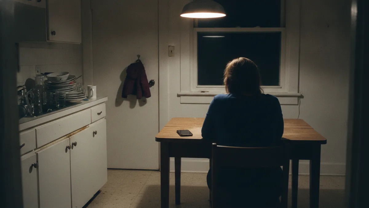 A woman seen from behind, sitting at a kitchen table late at night under a single lamp, unwashed plates stacked by the sink beyond her.