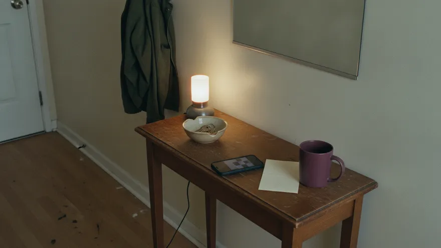A hallway console table under a mirror in lamplight: a phone showing a pale grey placeholder layout, house keys in a shallow bowl, and a folded slip of paper beside a plum mug.
