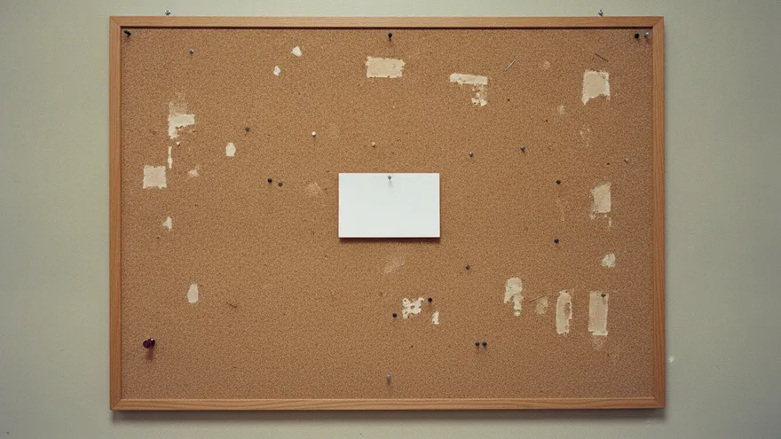 A public corkboard on a corridor wall, nearly empty: one blank white index card pinned in the middle among bare pins and the marks of cards long since removed.