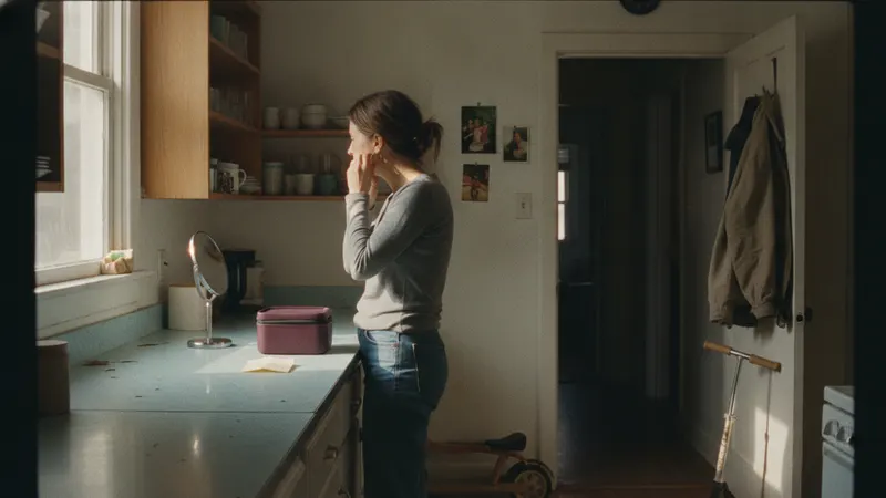 A kitchen counter holding both halves of one morning: a packed lunchbox at one end, a mirror and earrings at the other.