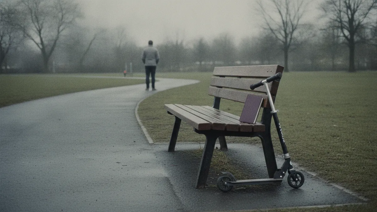 An empty municipal park on an overcast weekday: one unoccupied wooden bench with a child's scooter parked and leaning against the end of it.
