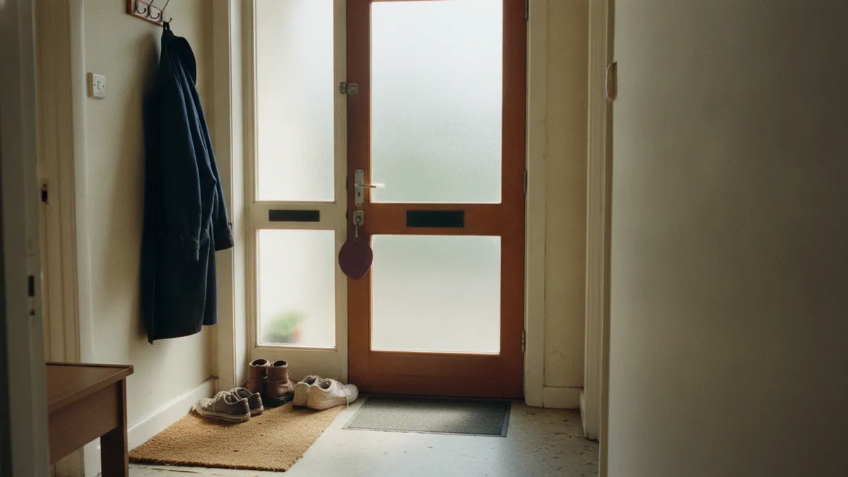 A front door seen from inside a hallway, bright morning light through its frosted glass panel, a coat on the hook, shoes waiting on the mat, keys in the lock.