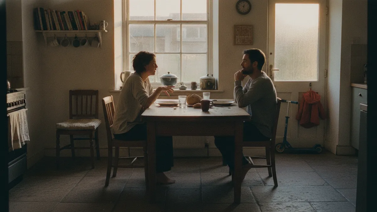 Two adults sitting across a kitchen table in low evening sun, mid-conversation; against the wall behind them a third, smaller chair stands unused.