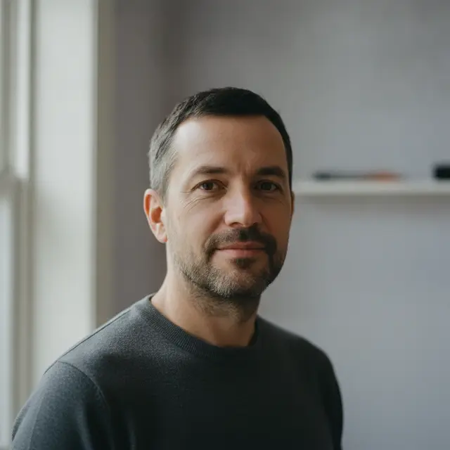 A man in his early forties in a plain charcoal jumper, turned three-quarters away from the camera with his eyes back to the lens in soft window light, a pale grey wall and the blurred edge of a shelf behind him.